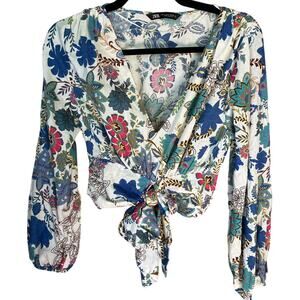 Zara Beautiful Floral Cropped Blouse with Balloon Sleeves, Size XS